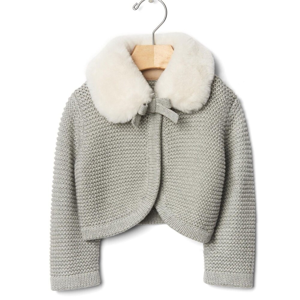 Baby Gap Girls Knit Gray Shrug Sweater with White Fur Collar & Bow. 0-3 Months.
